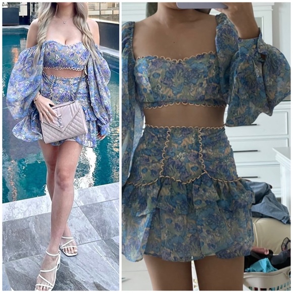 Floral Lantern Sleeve Top X Small Bandeau Crop Bustier Puffy Balloon Sleeve - Picture 2 of 11